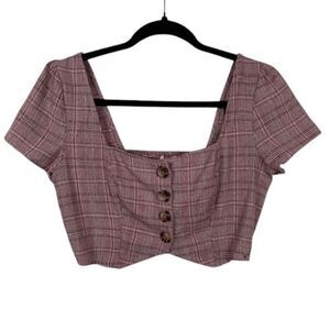 Cotton Candy LA Burgundy Plaid Button Front Crop Top Elastic Back Size Small